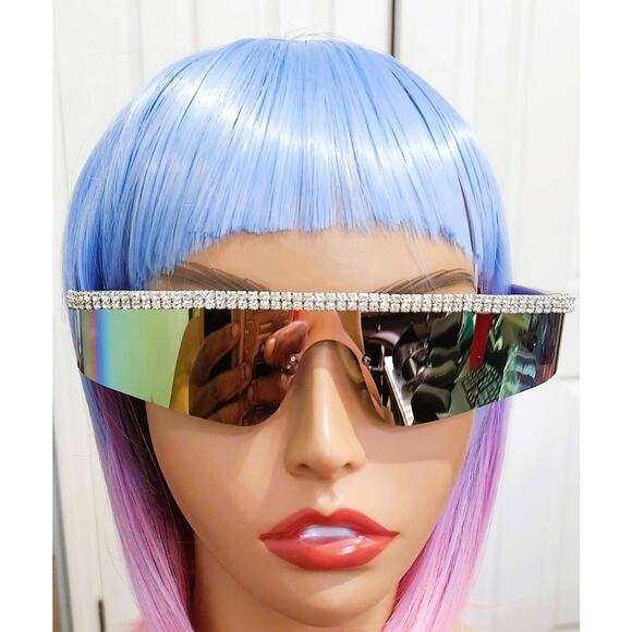 Sunglasses Women Purple Diamond Rimless Futuristic Shield Frameless bling - Picture 2 of 7